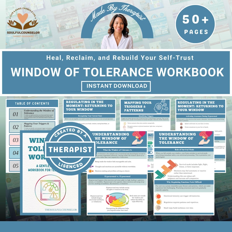 以下が含まれることがあります： 「Window of Tolerance」というタイトルのワークブックで、「Heal, Reclaim, and Rebuild Your Self-Trust」というテキストが書かれています。表紙には女性の画像と「Made by Therapist」という文字が描かれています。ワークブックは50ページ以上で、すぐにダウンロードできます。