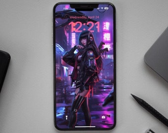 May include: A smartphone displaying a cyberpunk-themed wallpaper with a female character in a black leather jacket and boots, standing in a neon-lit city. The time is 12:21 and the date is Wednesday, April 24.