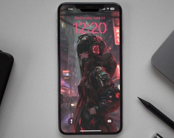 May include: A smartphone with a black case displaying a cyberpunk-themed wallpaper featuring a person in a futuristic outfit standing in a city with neon lights. The time is 12:20 and the date is Wednesday, April 24.