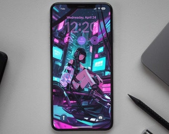 May include: A black smartphone with a bright pink and blue cyberpunk-themed wallpaper. The wallpaper features a woman sitting on a futuristic chair with a neon cityscape in the background. The time on the phone screen is 12:20.