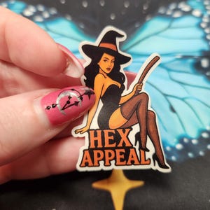 Retro Witch Pin-Up Sticker – Hex Appeal Sexy Witchy Humor, Halloween Vinyl Decal