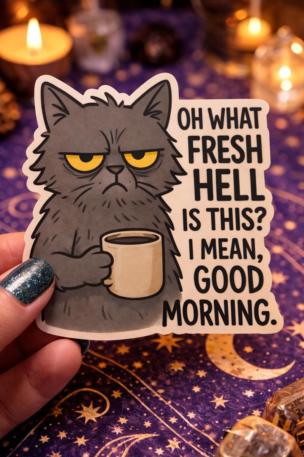 Oh What Fresh Hell Is This Cat Sticker Funny Morning Coffee Humor Oh What Fresh Hell Is This Cat Sticker Funny Morning Coffee Humor