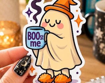 BOOst Me Ghost Sticker, Cute Halloween Coffee Vinyl Decal, Cozy Fall Ghost, Spooky Season Laptop Water Bottle Sticker