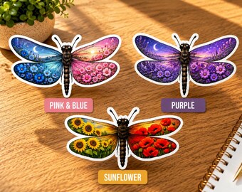 Dragonfly Landscape Sticker | Floral Nature Vinyl Decal | Pink Blue, Purple, or Sunflower Wildflower Art