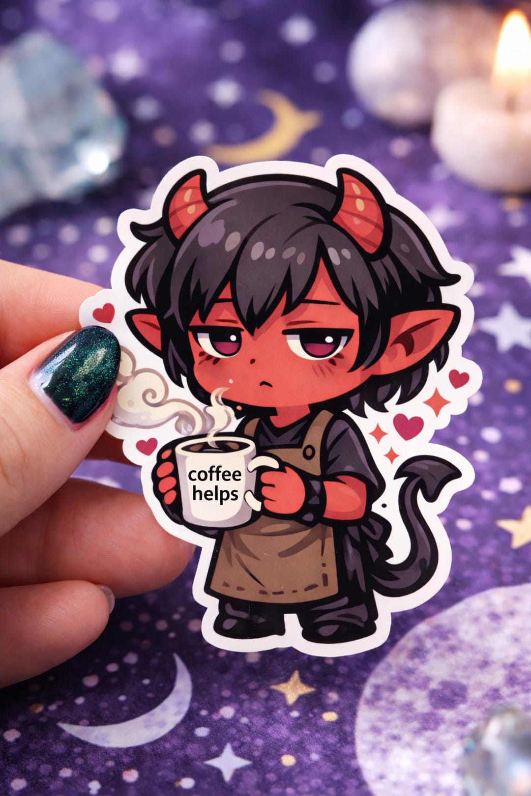 Grumpy Demon Coffee Sticker | Chibi Devil Vinyl Decal, Coffee Lover ...