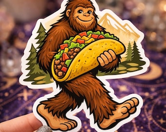 Funny Bigfoot Taco Sticker – Happy Sasquatch Food Humor Cryptid Vinyl Decal