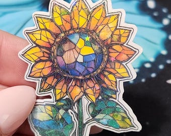 Stained Glass Sunflower Sticker, Holographic Floral Water Bottle Decal, Botanical Cottagecore