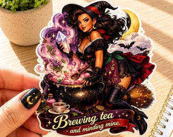 Brewing Tea and Minding Mine Sticker, Witch Pin Up Vinyl Decal, Funny Witch Gift, Cozy Cottagecore Sticker, Tea Lover Halloween Decor