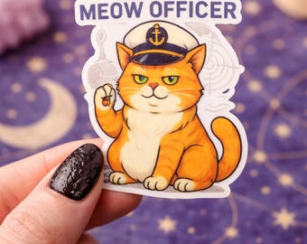 Orange Cat Captain Sticker, Chief Meow Officer Pun Decal, Nautical Office Humor