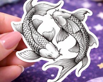 Yin Yang Koi Fish Sticker, Tattoo Style Zen Vinyl Decal, Matte or Holographic Finish