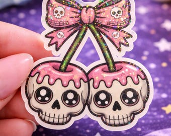 Gothic Skull Cherry Sticker, Pastel Goth Kawaii Vinyl Decal