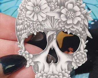 Floral Skull Sticker: Gothic Botanical Black & White Vinyl