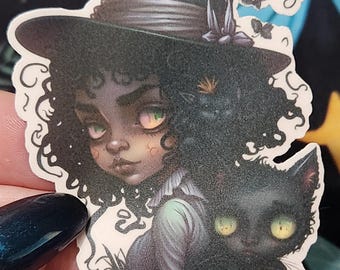 Witch and Black Cat Sticker: Gothic Cottagecore Vinyl Decal