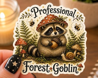 Professional Forest Goblin Raccoon Sticker, Cute Cottagecore Vinyl Decal, Jimothy Raccoon Woodland Laptop Water Bottle Sticker