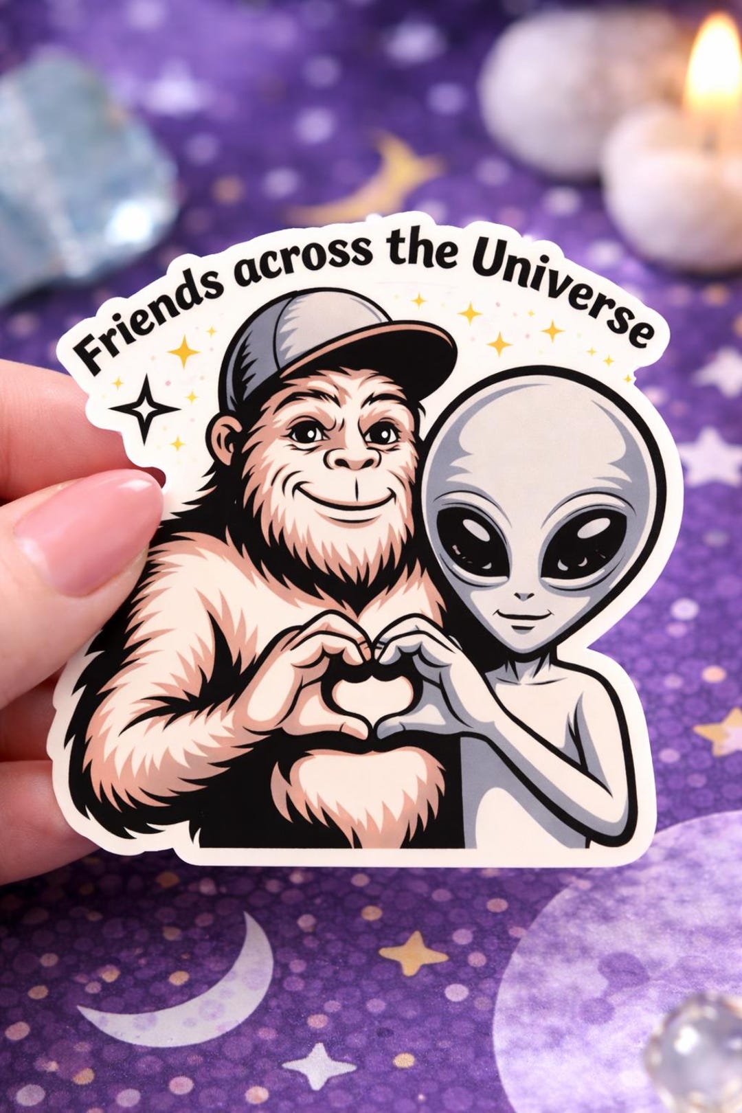 Bigfoot Alien Friendship Sticker, Cryptid UFO Humor Vinyl Decal - Etsy