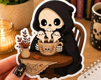 Cute Grim Reaper Hot Cocoa Sticker, Cozy Ghost Marshmallow Vinyl Decal, Spooky Fall Coffee Lover, Halloween Laptop Water Bottle Sticker