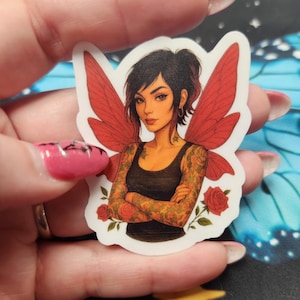 Tattooed Red Fairy Sticker – Alt Goth Punk Vinyl Decal, Fantasy Fairycore Art