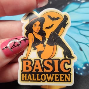 Basic Halloween Sticker – Sexy Pinup Witch Vinyl Decal for Laptops, Water Bottles, Notebooks, or Spooky Fall Aesthetic