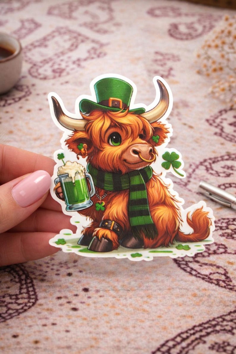 Highland Cow Sticker – St Patrick's Day Lucky Shamrock Vinyl Decal - Etsy