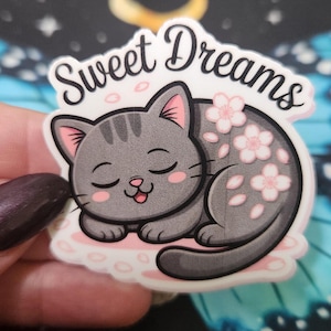 Kawaii Sleeping Cat Sticker: Floral Gray Tabby Vinyl Decal