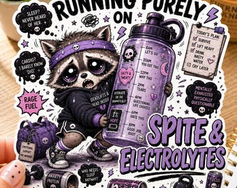 Running Purely on Spite and Electrolytes Sticker, Funny Raccoon Gym Vinyl Decal, Fitness Humor Gift, Workout Motivation Sticker
