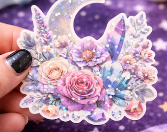 Witchy Moon Crystal Sticker, Celestial Floral Vinyl Decal, Holographic Crescent Moon (Water-Resistant)