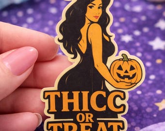 Funny Halloween Witch Sticker, Thicc or Treat Vinyl Decal, Witchy Humor Laptop Art