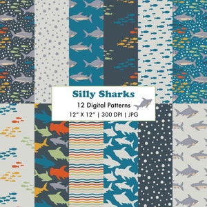 May include: Twelve digital paper patterns featuring a variety of blue, orange, green, and yellow sharks swimming in a sea of colourful fish. The patterns are 30.5 cm by 30.5 cm and 300 DPI.