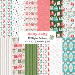 Holly Jolly Christmas Stocking Digital Paper Set with Presents and Stockings