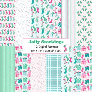 Pastel Christmas Jolly Stockings Digital Paper Set