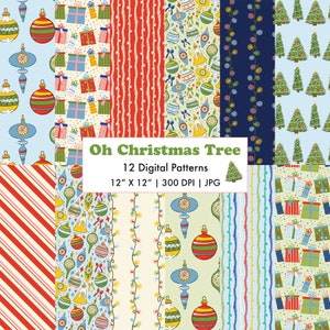 Oh, Christmas Tree Digital Pattern Set with Retro Ornaments, Lights, and Tinsel