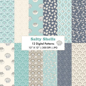 Conjunto de papel digital imprimible Salty Shells con patrones de motivos de playa