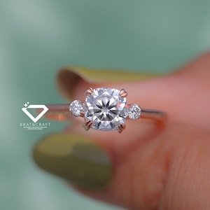 Three Stone Engagement Ring, Cushion Cut Diamond With Side Round Diamond Ring, Lab Grown Diamond Wedding Ring, IGI Certified, Ring for Her