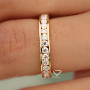 Channel Set Round Diamond Wedding Band, 2mm Full Eternity Lab Grown Diamond Band, Stackable Band, Moissanite Band, Anniversary/Birthday Gift