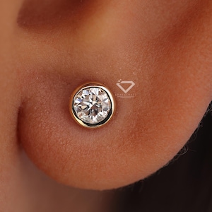 Lab Grown Diamond Bezel Set Round Diamond Studs,Diamond Earrings, 14K Solid Gold Diamond Studs, 0.50-5.0 carat Diamond Studs for Women