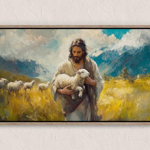 Shepherd’s Love | Jesus Sheep | Oil Paint Print Canvas | Living Room Wall Art | Home Decor | Peaceful | Modern Home | Beautiful Gift Idea