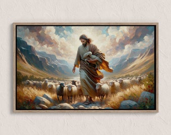 Jesus and Lost Sheep | Framed Oil Paint Print Canvas | Religious Decor | Christian Framed Wall Art | Inspirational Home Decor