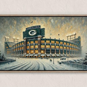 May include: A painting of Lambeau Field, home of the Green Bay Packers, covered in snow. The stadium is lit up with lights, and there are people walking around outside. The words "Lambeau Field" are visible on the side of the stadium.
