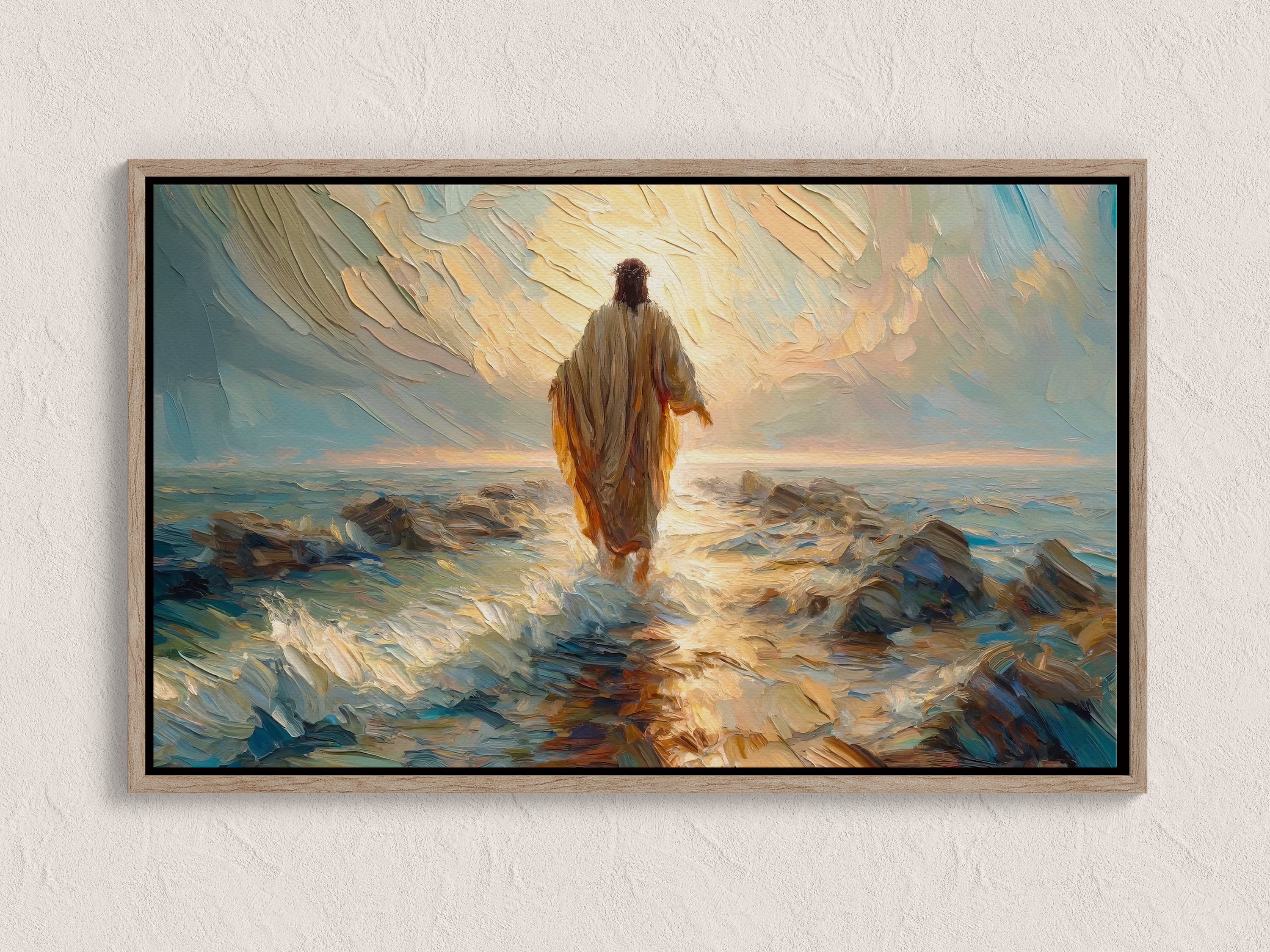 Jesus Walking on Water Framed Oil Paint Print Canvas Religious Decor