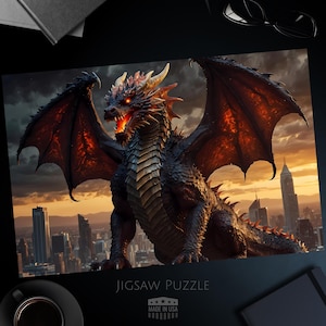 Epic Dragon Jigsaw Puzzle, Fantasy Puzzle, Fiery Dragon Over City, Challenging Puzzle Game, Fantasy Gift, 1000, 500, 250, 100, 30 Pieces