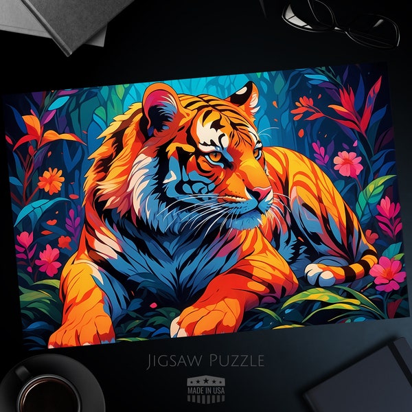 Colorful Tiger Jigsaw Puzzle, Vibrant Jungle Artwork, Acrylic Style, Wildlife Theme Gift, 1000, 500, 250, 100, 30 Pieces
