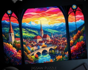 Bern Schweiz Puzzle, Malerische Europa Landschaft Puzzle, Lebendige künstlerische Illustration, 1000, 500, 250, 100 und 30 Teile für Kinder