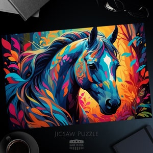 Colorful Horse Art Jigsaw Puzzle, Vibrant Autumn Leaves Background, Perfect Gift for Horse Lovers, 1000, 500, 250, 100 and Kids 30 Pieces