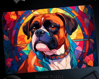 Boxer Dog Jigsaw Puzzle: Stained Glass Art, Family Activity