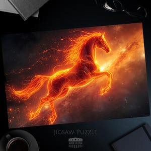 May include: A jigsaw puzzle featuring a fiery orange horse leaping against a cosmic background. The horse is outlined with glowing lines, and the puzzle is labeled "JIGSAW PUZZLE" with "MADE IN USA" text.