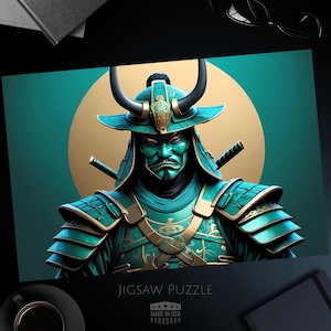 Mythical Samurai Jigsaw Puzzle, Teal Warrior Art, Ancient Japanese Decor, Challenging Puzzle, 1000, 500, 250, 100, 30 Pieces