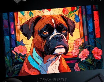 Boxer Dog Jigsaw Puzzle: Stained Glass Style Art, Vibrant Colors