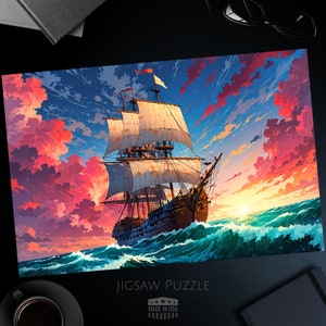 Vintage Sailing Ship Jigsaw Puzzle, Tallship, Sail Boat, Sunset Ocean Scene, Puzzle for Adults, 1000, 500, 250, 100, 30 Piece