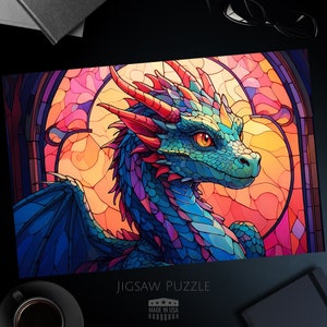 Cute Baby Dragon Jigsaw Puzzle, Stained Glass Style, Blue Dragon, 1000/500/250/100/30 Pieces Vibrant Art Puzzle Gift, Family Game Night