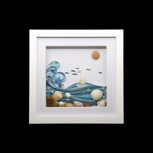 Paper Quilled Coastal Waves with Seashells, Fossil & Sailing Boat Shadow Box Art (20cm)
